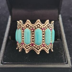 Turquoise And Rubies Crown Ring In 925 Silver. Size12